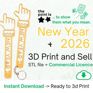 May include: Two gold-coloured 3D-printed keychains with a hand-pointing-up design, the year 2026, and the words "New Year." The image includes text that says "3D Print and Sell" and "Instant Download."