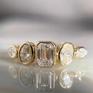 1 TCW Emerald-Oval-Pear Cut Multi Shape Bezel Statement Ring, 18K Solid Yellow Gold Five Stone Wedding Band For Women-Custom Promise Ring