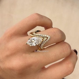 3.75 CT Vintage Marquise Cut Moissanite Diamond Ring Set, Open Wrap Gold Bypass Ring I 18K Solid Yellow Gold With V-Shape Pave Band