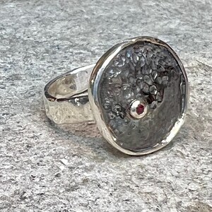 May include: A silver ring with a textured, dark gray oval face. A small, round, red gemstone is set in the center of the face. The band of the ring is a hammered silver.