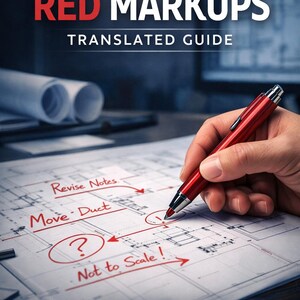 Könnte beinhalten: Blaupause mit roten Anmerkungen und dem Text "RED MARKUPS TRANSLATED GUIDE". Ein roter Stift wird verwendet, um Bereiche auf der Blaupause zu markieren. Das ForgeLine CAD STUDIO-Logo befindet sich unten.