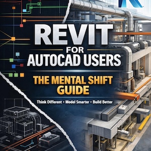 May include: Book cover titled "REVIT for AutoCAD Users: The Mental Shift Guide." The cover features a blue and white design with the letter "R" and an industrial illustration. The book is published by ForgeLine CAD Studio.