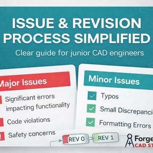 Puede incluir: Un gráfico turquesa y blanco titulado "ISSUE & REVISION PROCESS SIMPLIFIED" para ingenieros de CAD. Enumera "Major Issues" en rojo, incluyendo errores significativos y problemas de seguridad, y "Minor Issues" en turquesa, como errores tipográficos y de formato.
