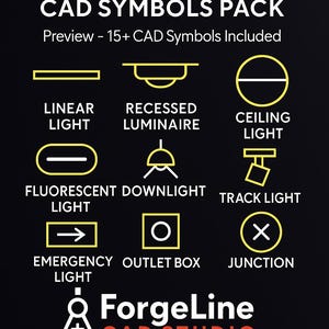 May include: A black graphic with yellow and white CAD lighting symbols. Text includes "LIGHTING CAD SYMBOLS PACK" and "Preview - 15+ CAD Symbols Included." Symbols include linear light, recessed luminaire, ceiling light, and more.
