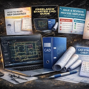 May include: A laptop displaying a CAD drawing is surrounded by books, blueprints, and tools. Titles include "How to Read MEP Drawings," "Freelance Starter CAD Guide," and "CAD Standards Cheat Sheet." A calculator and pens are also present.