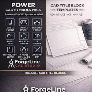 May include: A bundle of CAD symbols and title block templates. The image displays various electrical CAD symbols, including single and double sockets, switches, and a distribution board. CAD title block templates are also shown, along with the ForgeLine CAD Studio logo.
