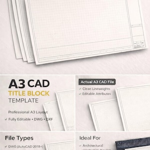 Plantilla de bloque de título de AutoCAD A3 / Hoja de dibujo DWG editable de AutoCAD