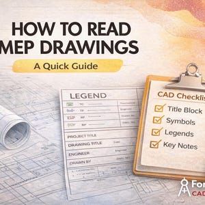 Puede incluir: Imagen titulada "HOW TO READ MEP DRAWINGS" con una guía rápida. Incluye un plano enrollado, un portapapeles con una lista de verificación CAD, un bolígrafo dorado y una leyenda. La lista incluye Title Block, Symbols, Legends y Key Notes.