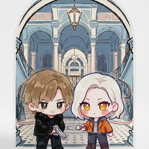 May include: Acrylic stand featuring two cartoon characters in front of a detailed blue and pink building backdrop. One character holds a gun, the other a small object. The stand is clear and has a decorative arch.