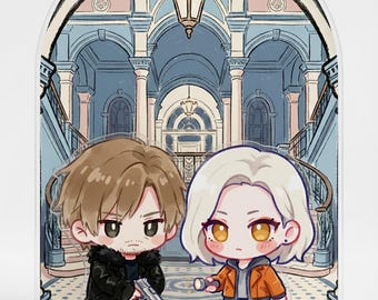 May include: Acrylic stand featuring two cartoon characters in front of a detailed blue and pink building backdrop. One character holds a gun, the other a small object. The stand is clear and has a decorative arch.
