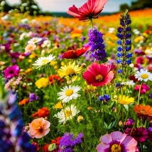 May include: A vibrant field of wildflowers in full bloom. The image showcases a diverse array of colorful flowers, including red poppies, purple lupines, yellow daisies, and various other blossoms, creating a picturesque scene under a blue sky.