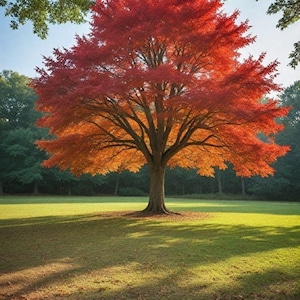 May include: A large deciduous tree standing in a grassy field with vibrant red and orange foliage. The tree features a thick brown trunk and a wide, symmetrical canopy of leaves that transition from deep red at the top to orange at the base.