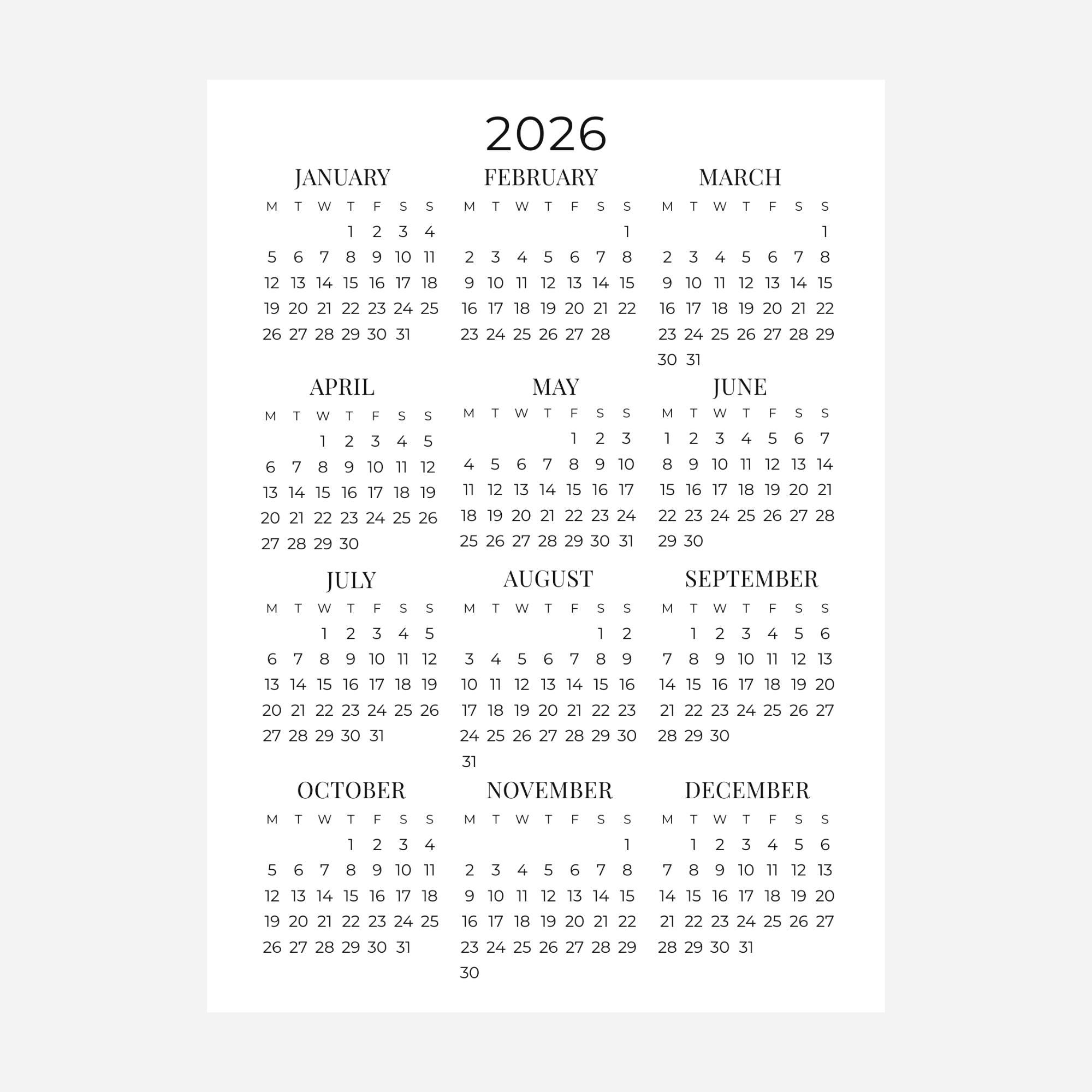 2026 Clean, Minimalist One-page Calendar Printable | Year at a Glance ...