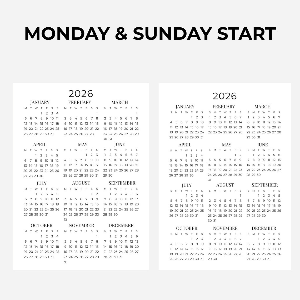 2026 Clean, Minimalist One-page Calendar Printable | Year at a Glance ...