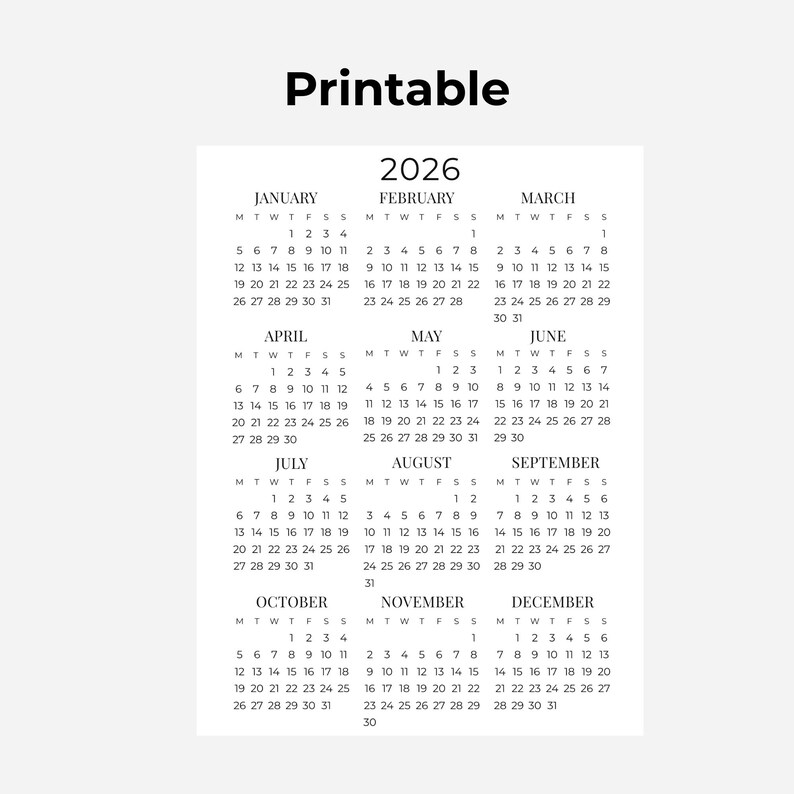 2026 Clean, Minimalist One-page Calendar Printable | Year at a Glance ...