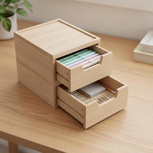 May include: A light-colored wooden desk organizer with two drawers. The top drawer is partially open, revealing a collection of colorful pens. The bottom drawer contains a notepad, paperclips, and a pencil. The organizer sits on a wooden desk.