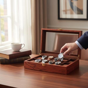 Boîte de rangement pour montres à 12 emplacements | Vitrine pour montres en bois massif et acajou rouge