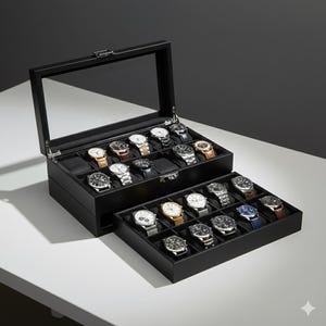 Może przedstawiać: Czarna szkatułka na zegarki ze szklaną pokrywą, otwarta, aby odsłonić kolekcję różnych zegarków naręcznych. Zegarki mają różne style pasków i wzory tarcz.