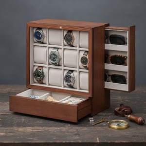Boîte à montres en bois 12 emplacements avec fenêtre en verre | Vitrine pour montres doublée de velours