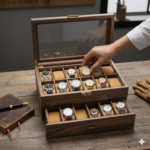 Boîte de présentation avec couvercle en verre | Organiseur à 24 compartiments pour montres et bijoux