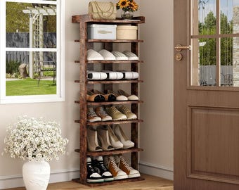 7 Tier Shoe Rack Wood Tall Narrow Shoe Organizer Entryway Storage Shelf Rustic Brown Vertical Shoe Tower for Closet Small Space