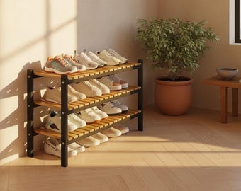 Bamboo Shoe Rack Organizer for Entryway & Closet, 3 Tier Stackable Wooden Shoe Shelf, Narrow Space Saving Shoe Stand