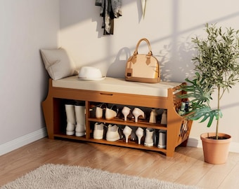 Shoe Rack Bench Bamboo Entryway Organizer with Cushion, 3 Tier Wooden Shoe Storage Bench with Side Holders