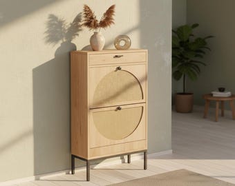 Shoe Rack Wooden Shoe Cabinet with Rattan Doors, Tall Entryway Shoe Storage Organizer for Sneakers, Heels & Boots