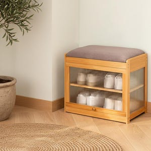 May include: A wooden shoe storage bench with a gray cushioned top and two shelves. The front of the bench has clear, ribbed glass doors. The bench is in a corner next to a potted olive tree and a round woven rug.