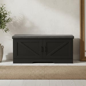 Shoe Rack Bench, 2 Tier Shoe Storage Bench with Cushion, 39.4” Entryway Shoe Bench with Barn Doors & Adjustable Shelf
