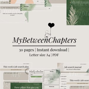 Op de afbeelding: Digitaal job search journal met een neutraal kleurenpalet. Het journal bevat secties voor wekelijkse planning, doelen stellen en het volgen van sollicitaties. Functies zijn onder meer een 'Drie Pilaren'-sectie voor kracht en een 'Wekelijkse Structuur'-indeling.