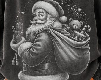 May include: A charcoal grey acid-wash crewneck sweatshirt featuring a detailed monochromatic illustration of Santa Claus waving. Santa carries a large sack filled with toys, including a teddy bear and a drum, set against a starry night sky background.