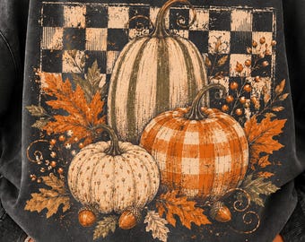 May include: A charcoal grey crewneck sweatshirt featuring a graphic print of three pumpkins in varying shades of orange and cream. The design includes autumn leaves, acorns, and a black and white checkered background pattern on the front chest.