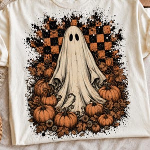 Retro Ghost Pumpkin Patch PNG, Checkered Spooky Season Sublimation Design, Vintage Halloween Graphic, Thanksgiving Png