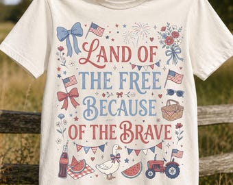Land of The Free Because Of The Brave Png, 4th of July PNG, 250th Anniversary Shirt Design, Cottagecore USA Png, Red White Blue Graphic