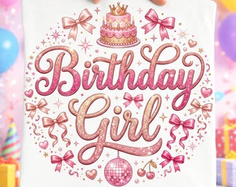 Anniversaire fille PNG, conception de chemise d'anniversaire coquette, sublimation de gâteau noeud rose, tenue d'anniversaire Girly PNG, téléchargement numérique fête preppy
