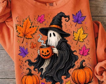 Cute Halloween Ghost PNG, Fall Coffee Shirt Design, Spooky Season Sublimation, Witch Hat Ghost, Pumpkin Spice Fall Aesthetic Png