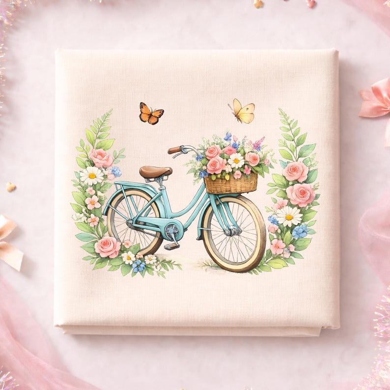 May include: A light blue bicycle with a brown seat and a wicker basket filled with pink and white flowers. The bicycle is surrounded by floral arrangements and two butterflies. The image is on a cream-coloured background.
