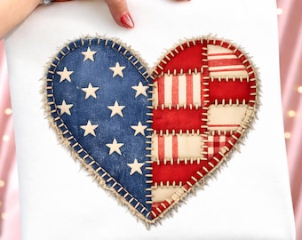 American Flag Heart PNG, Patchwork Stitched USA Heart Sublimation Design, 4th of July Clipart, USA 250th Anniversary Png