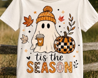 Tis The Season PNG, Fall Ghost Sublimation Design, Checkered Pumpkin Autumn Graphic, Cozy Halloween Ghost Coffee