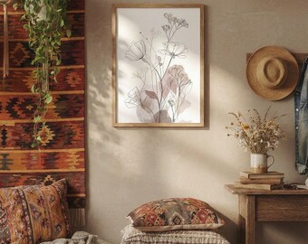 Warm Boho Botanical Line Art Printable Wall Art Digital Download 2:3 JPG PDF