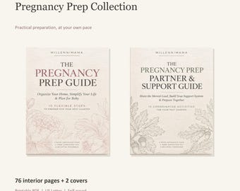 以下が含まれることがあります： 「The Pregnancy Prep Guide」と「The Pregnancy Prep Partner & Support Guide」というタイトルの2つのデジタルガイドの表紙。どちらも薄いベージュの背景に花や植物の線画が描かれており、76ページの内面が含まれています。
