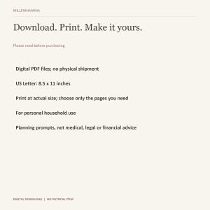 以下が含まれることがあります： MILLENNIMAMA, Download. Print. Make it yours. Please read before purchasing, Digital PDF files; no physical shipment, US Letter: 21.59 x 27.94 cm, Print at actual size, For personal household use. と書かれたデジタル文書。