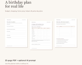 以下が含まれることがあります： MillenniMama Studioによるデジタル誕生日プランナー「A birthday plan for real life」。パーティーの概要、予算管理、当日のスケジュールを記録するためのセクションを備えた、3ページの印刷可能なレイアウトで構成されています。