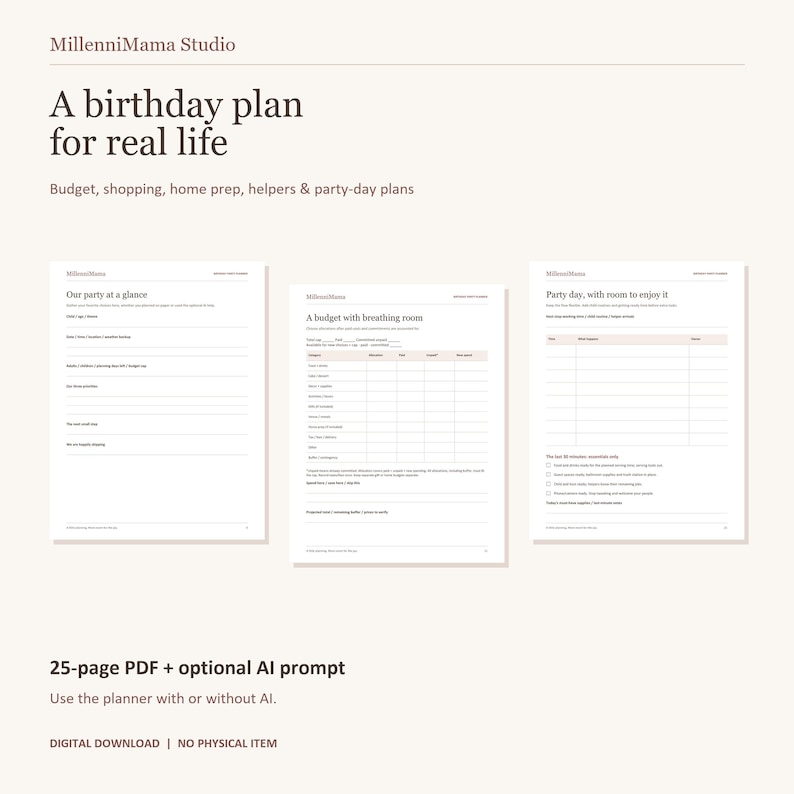 Preview of the MillenniMama printable birthday planner