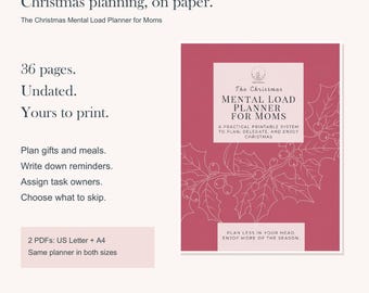 以下が含まれることがあります： 「The Christmas Mental Load Planner for Moms」と題された36ページの未日付デジタル印刷可能プランナー。表紙はダークピンクで、白いヒイラギのイラストとテキストが描かれています。ギフト、食事、タスクを計画するためのセクションが含まれており、USレターサイズとA4サイズで提供されています。