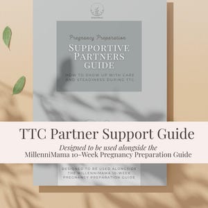 Puede incluir: Una guía digital de apoyo para parejas TTC con el texto "SUPPORTIVE PARTNERS GUIDE" y "HOW TO SHOW UP WITH CARE AND STEADINESS DURING TTC". La guía está diseñada para ser utilizada junto con la Guía de preparación para el embarazo de 10 semanas de MillenniMama.