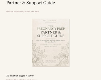 以下が含まれることがあります： Millennimamaによるデジタルガイド「The Pregnancy Prep Partner & Support Guide」。表紙は明るい背景に暗い文字で構成され、オークの葉とどんぐりの植物画が描かれています。全25ページの内面が含まれています。