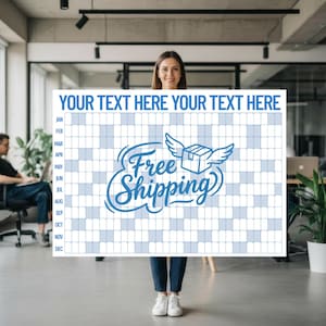 Op de afbeelding: Een grote rechthoekige wandkalender met een rasterindeling met de maanden januari tot december aan de linkerkant. Bovenaan staat de tekst YOUR TEXT HERE YOUR TEXT HERE. Het midden bevat een blauwe afbeelding van een doos met vleugels.