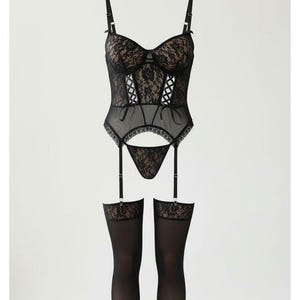 Black Lace Corset Lingerie Set with Stockings—Strappy Bustier, String Thong & Garter Details
